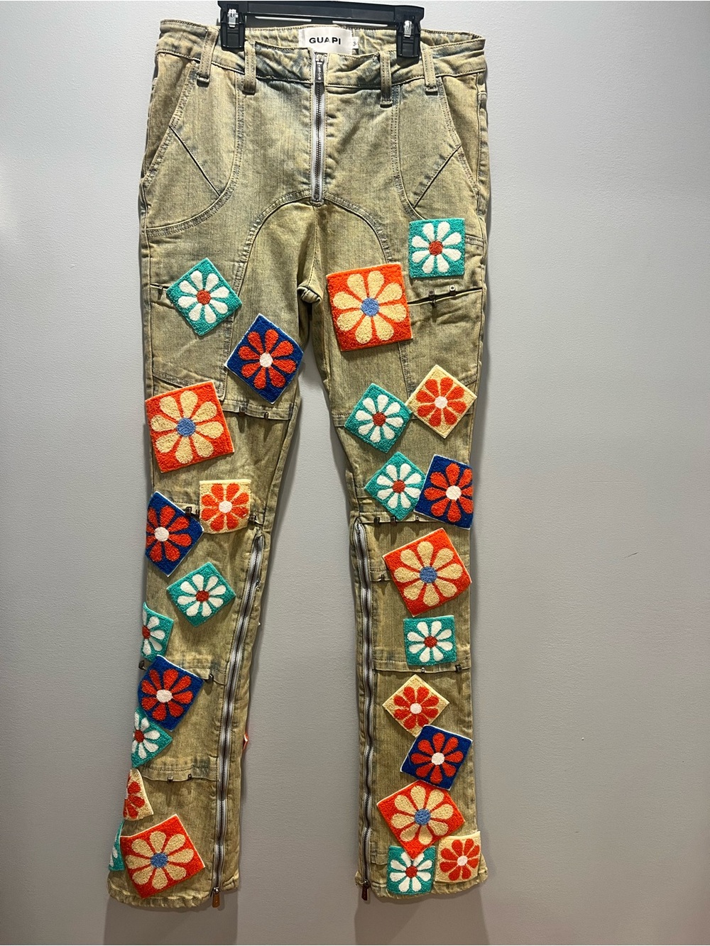 GUAPI Vintage Flowers Denim Stacked Jeans Men’s Size 34 Khaki Patchwork Flared